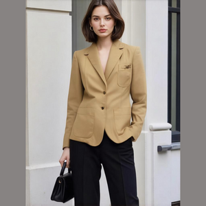 70s ETIENNE AIGNER TAILORED EQUESTRIAN TAN BLAZER W BRASS & LEATHER ACCENTS 8